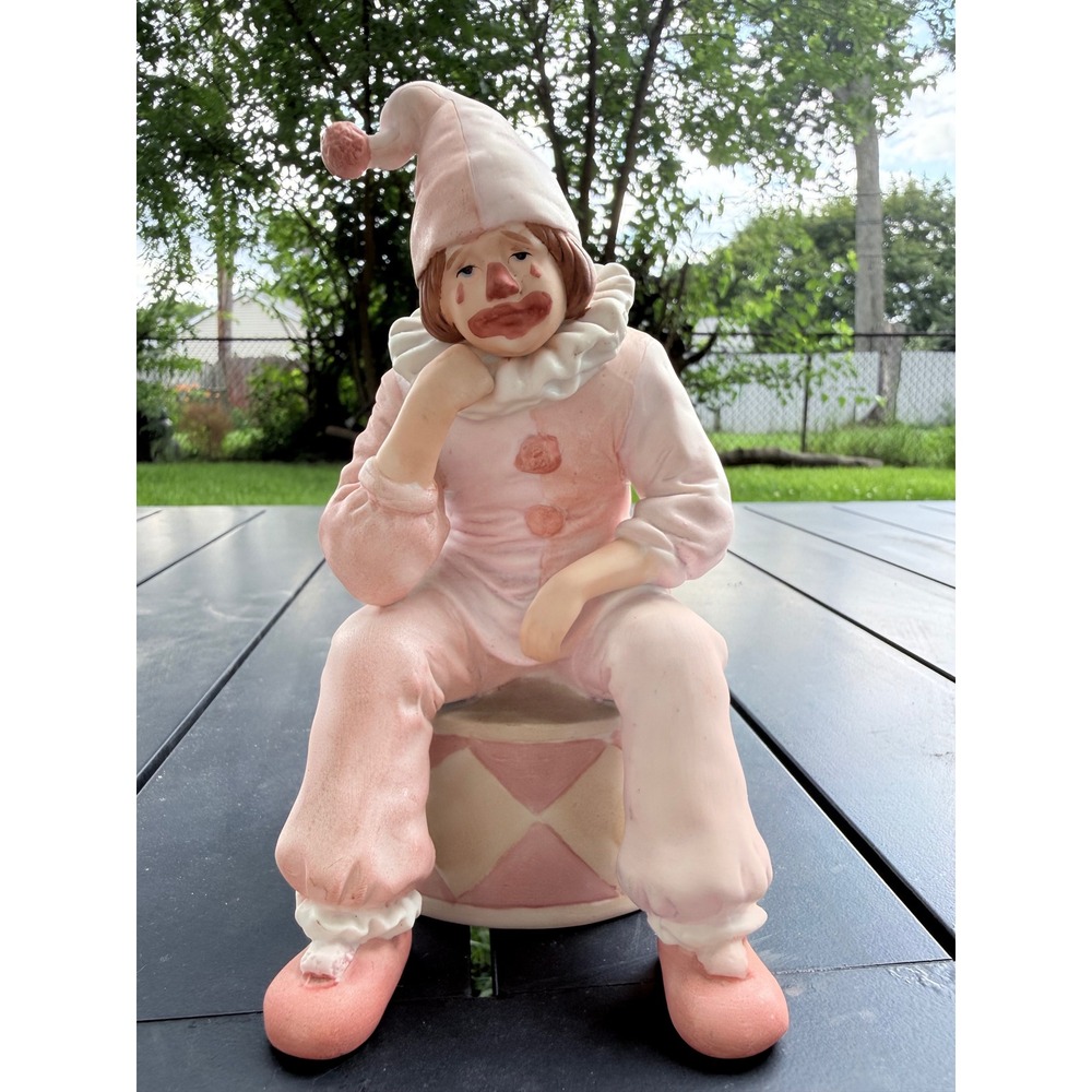 Vintage 1983 Enesco Clown Music Box Send in the Clowns Pink Bisque Porcelain 7"